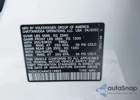 2022 Volkswagen Atlas Cross Sport 2.0T Se W/Technology z USA, uszkodzony, nr VIN 1V2KC2CA9NC219883